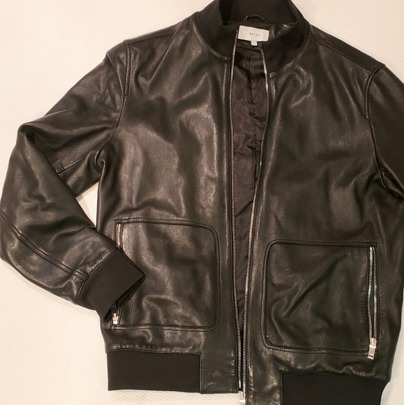 Offical Reiss Black Lamb Skin Leather Bomber Jacke - Picture 2 of 7